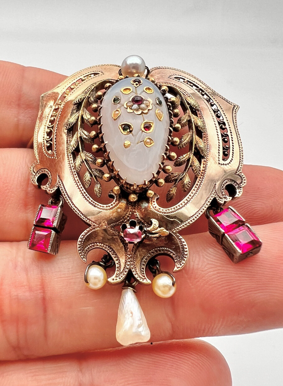 Victorian 14k Yellow Gold Rose of Sharon Opal & Ruby Emerald & Seed Pearl Brooch