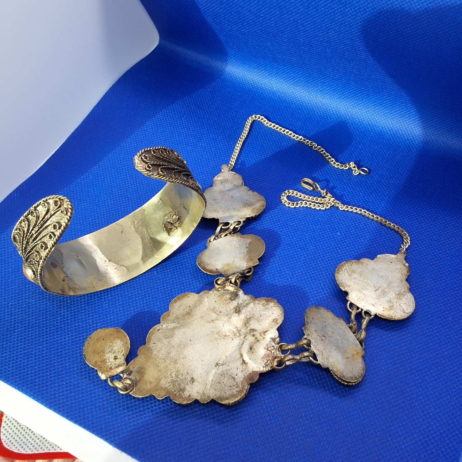 Vintage Tibetan Silver Metal Agate Glass Statement Necklace, Bracelet and Pin