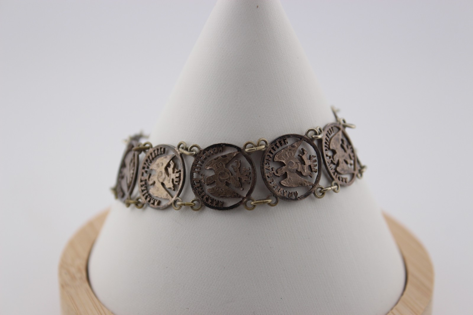 Antique 1880s silver Mexican Republic cut out coin panel bracelet 7.25″