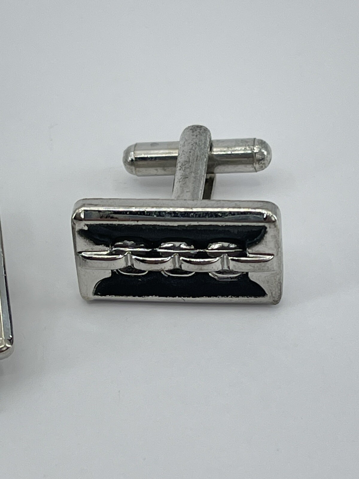 vintage silver tone cufflinks and tie clip set zipper like with black enamel