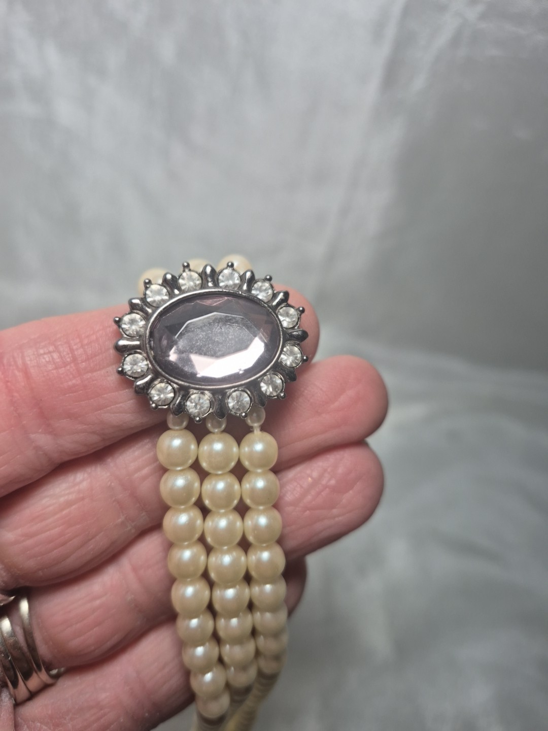 Vintage Faux Pearl 3 Strand Choker With Earrings Smokey Gray Rhinestones