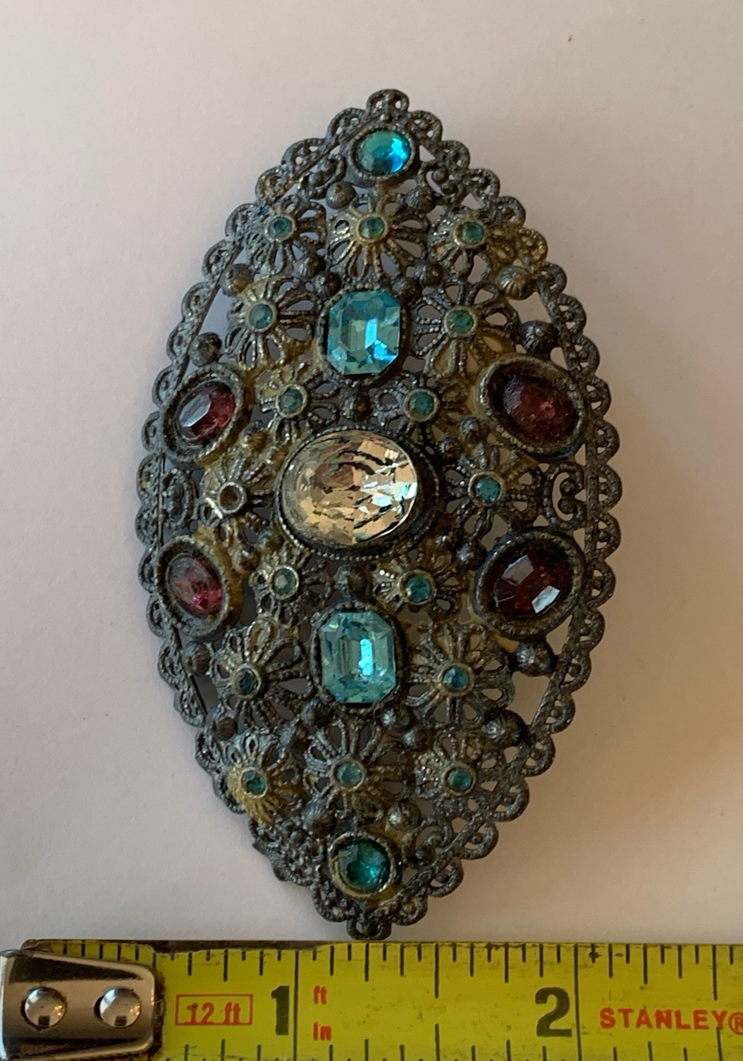 New England Glass Works Antique Brooch Pin Rhinestones Filigree Marked
