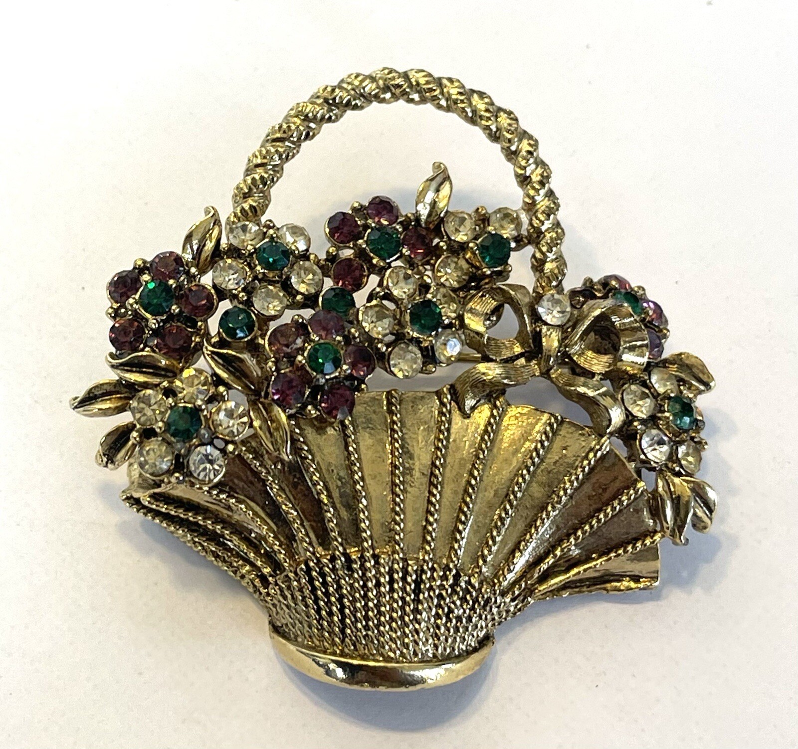 Vintage Gem-Craft Signed Flowers On Basket Brooch Green White Purple Rhinestones