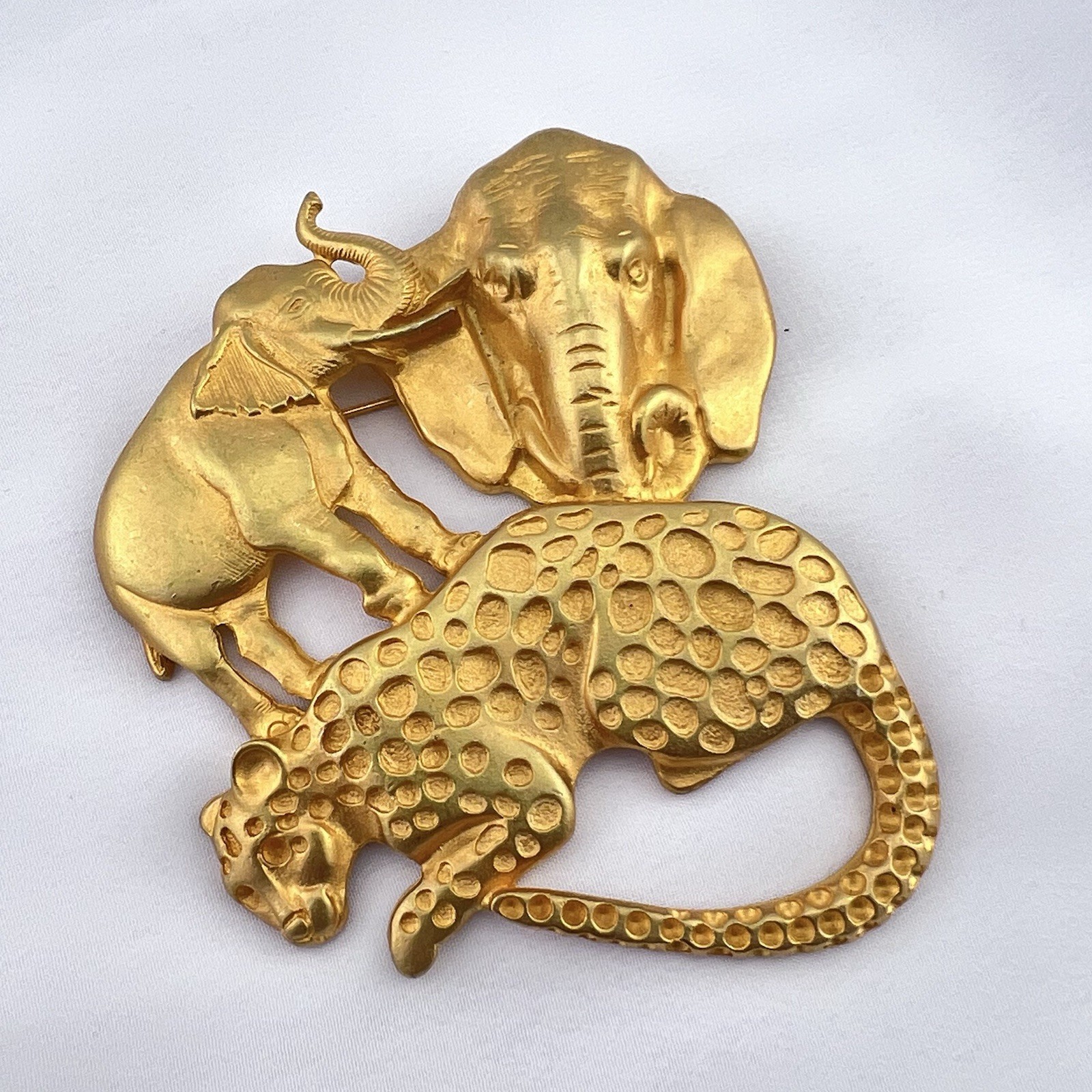 Vintage Safari Brooch Pin Animal Elephant Leopard Large Matte Gold Tone Estate
