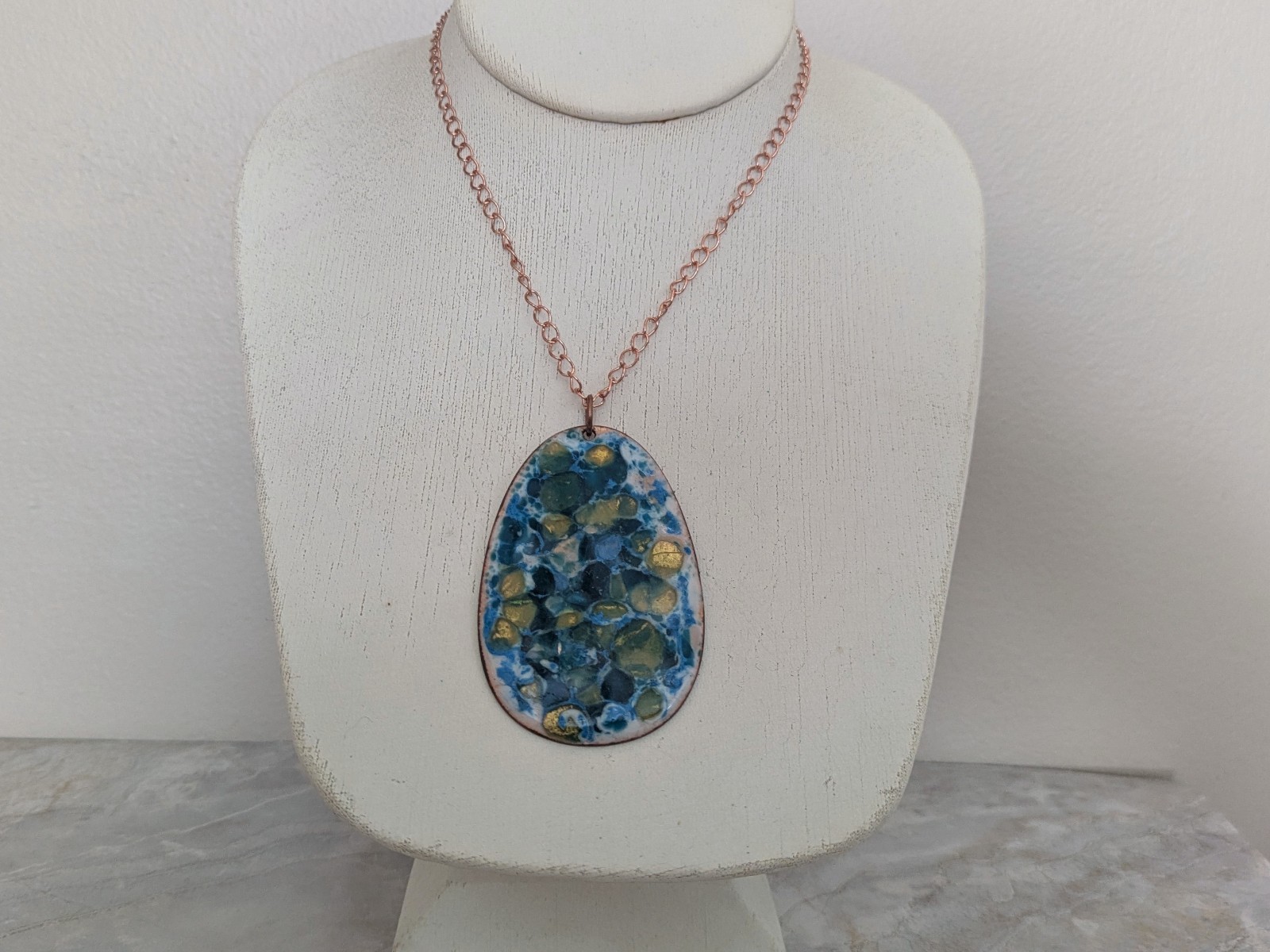 Vintage Enamel on Copper Turquoise Pendant Necklace, Mid Century Modern, 2.5″