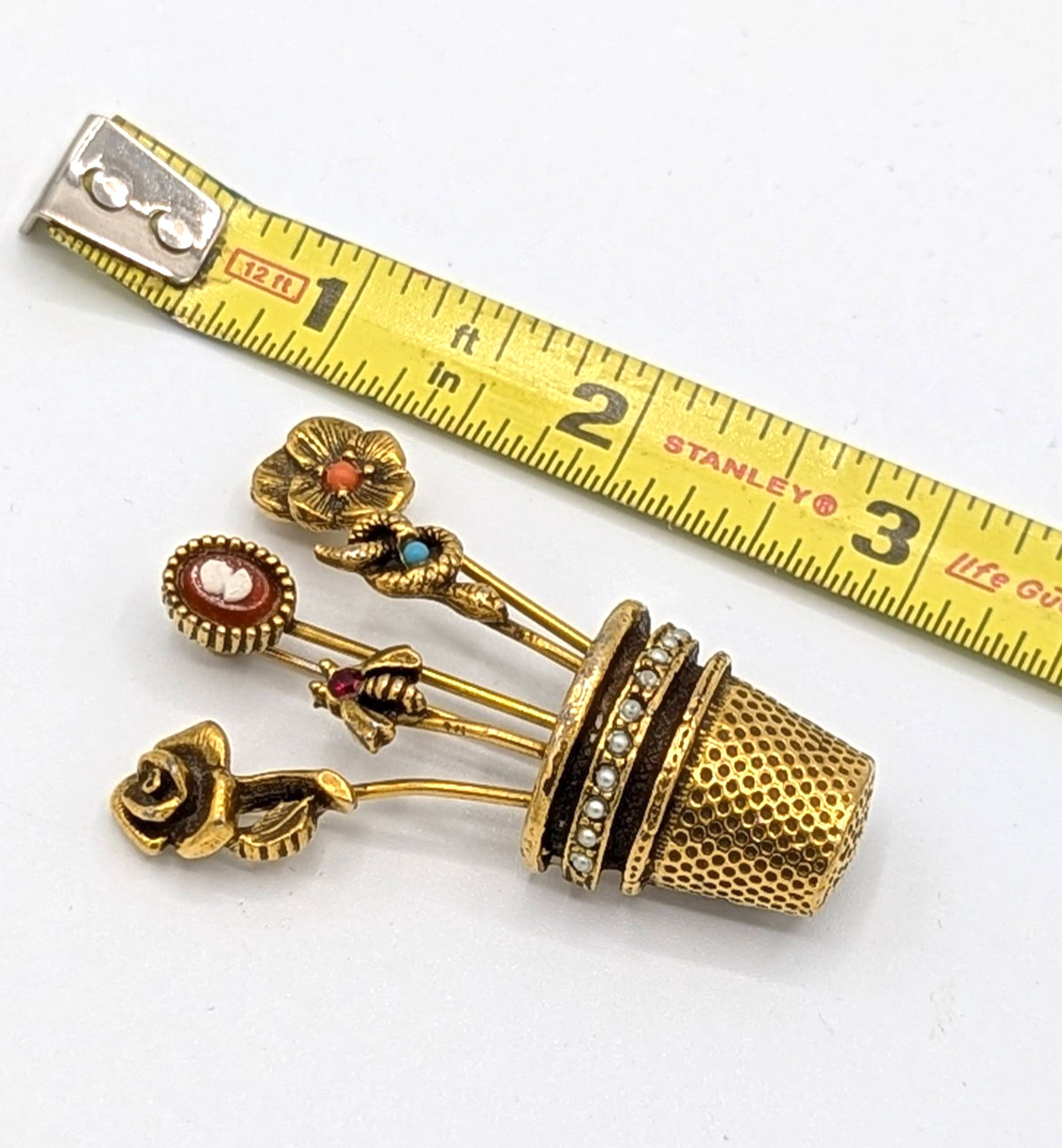 Victorian Thimble Brooch Flower Pot Floral Bouquet Cameo Snake Bee Rose