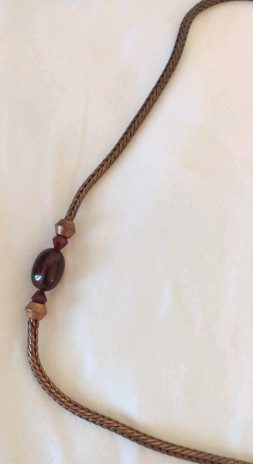Vintage Dark Rose Gold Tone Metal Necklace w/Wine & Gold Resin Bead Tassel