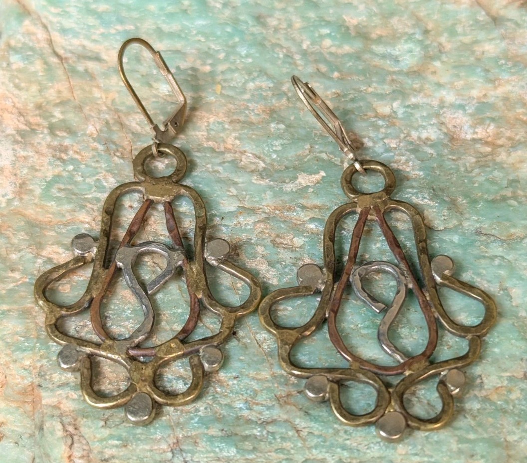 Vintage Artisan Mixed Metal Hammered Copper Brass Open Work Dangle Earrings