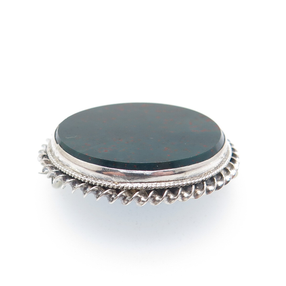 Silver-Tone Antique Victorian Real Round-Cut Bloodstone Twisted Bezel Pin Brooch
