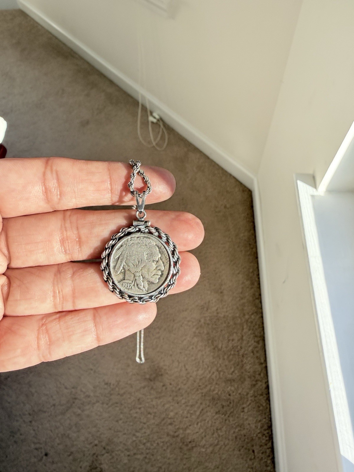 Vintage 1937 Buffalo Nickel Coin Pendant 925 Sterling Silver Chain 15-grams