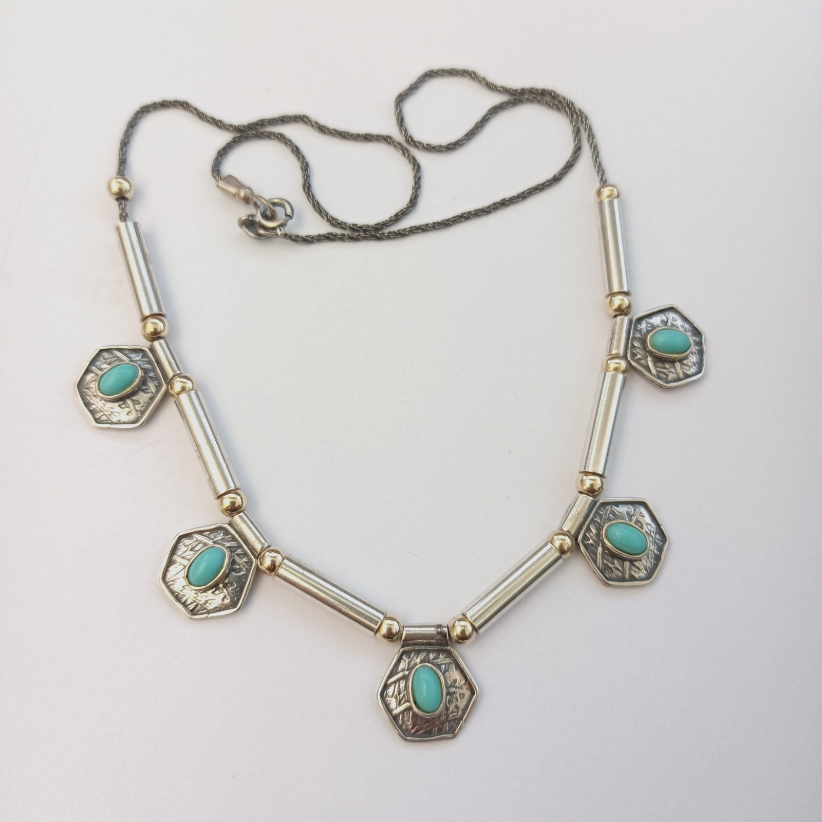 Vintage Artisan Necklace Sterling Silver 10k Gold Bead Geometric Drops Turquoise