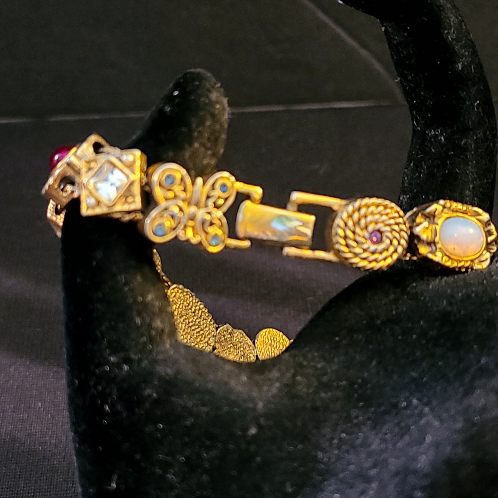 Vintage Victorian Gold Tone Slide Bracelet (14) Charms Mom Cameo Butterfly Heart