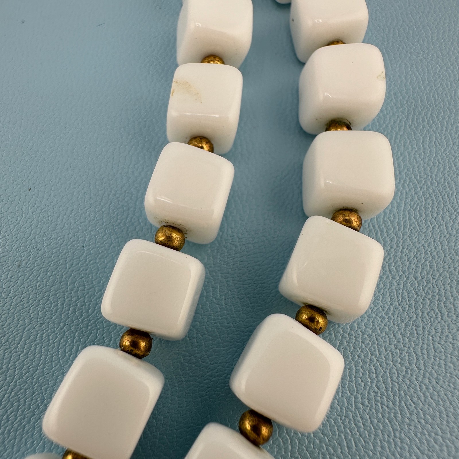 Vintage White Milk Glass Necklace Double Strand Square Shape Bead Retro Mod 18″