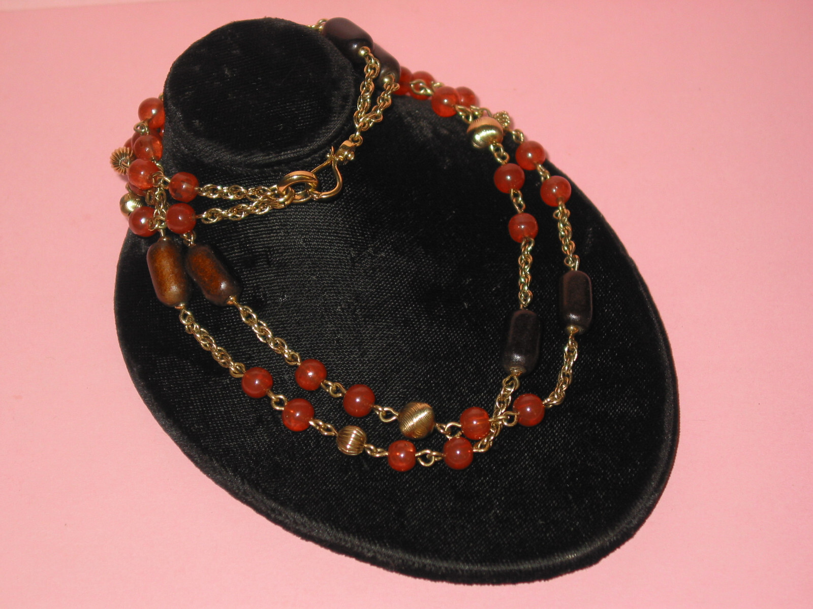 MONET ~ Vintage Gold Tone Two Chain Necklace With Brown & Orange Beads
