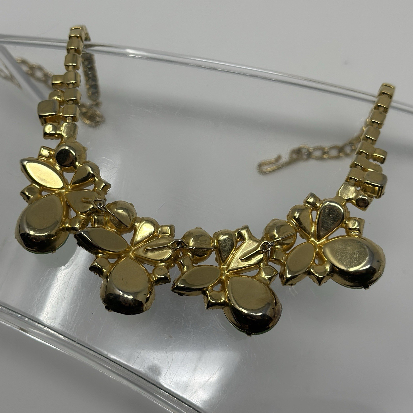 Vintage Czech Crystal Collar Necklace Green Yellow Imitation Pearl Statement 17”