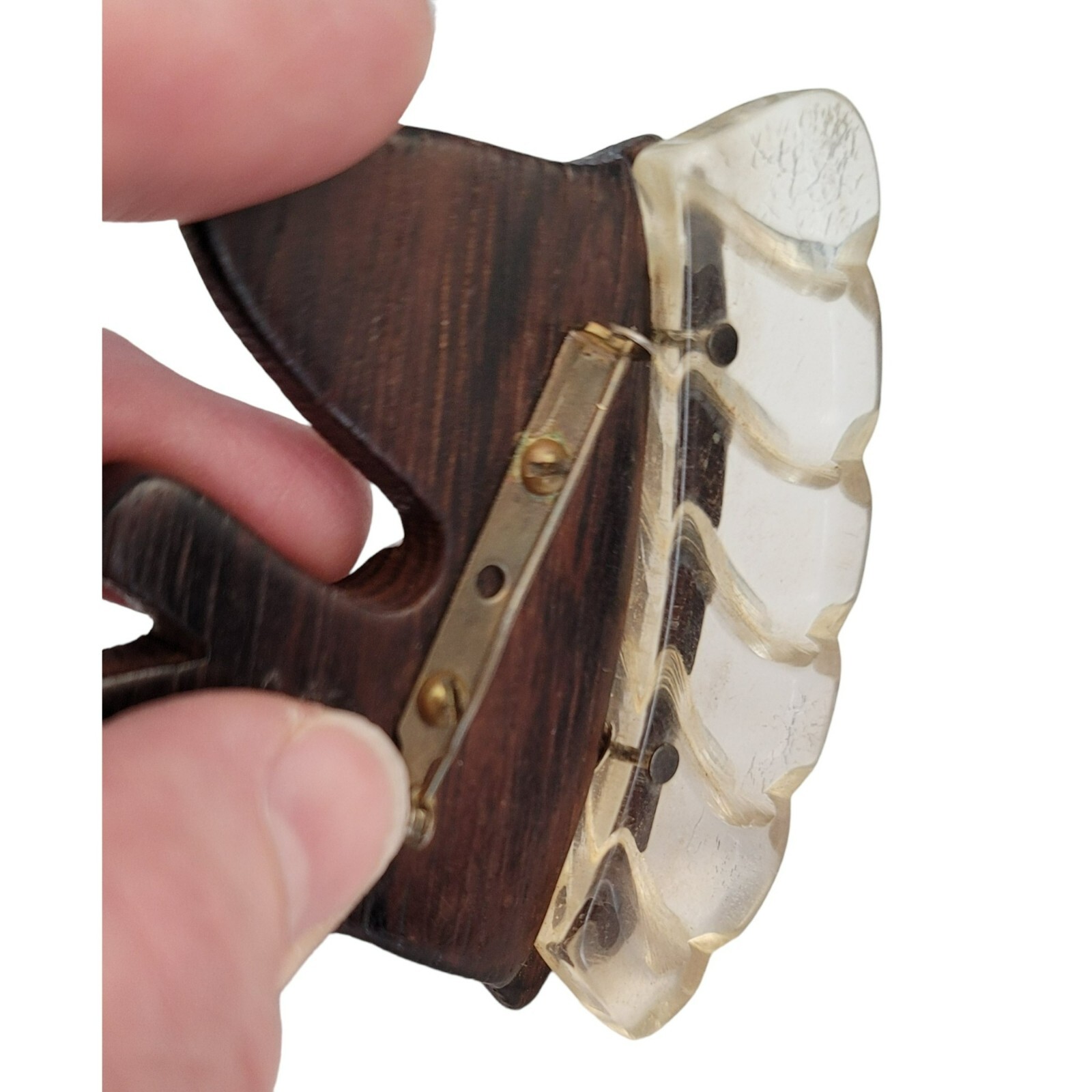 Clear Lucite And Carved Wood Horse Head Brooch M154
