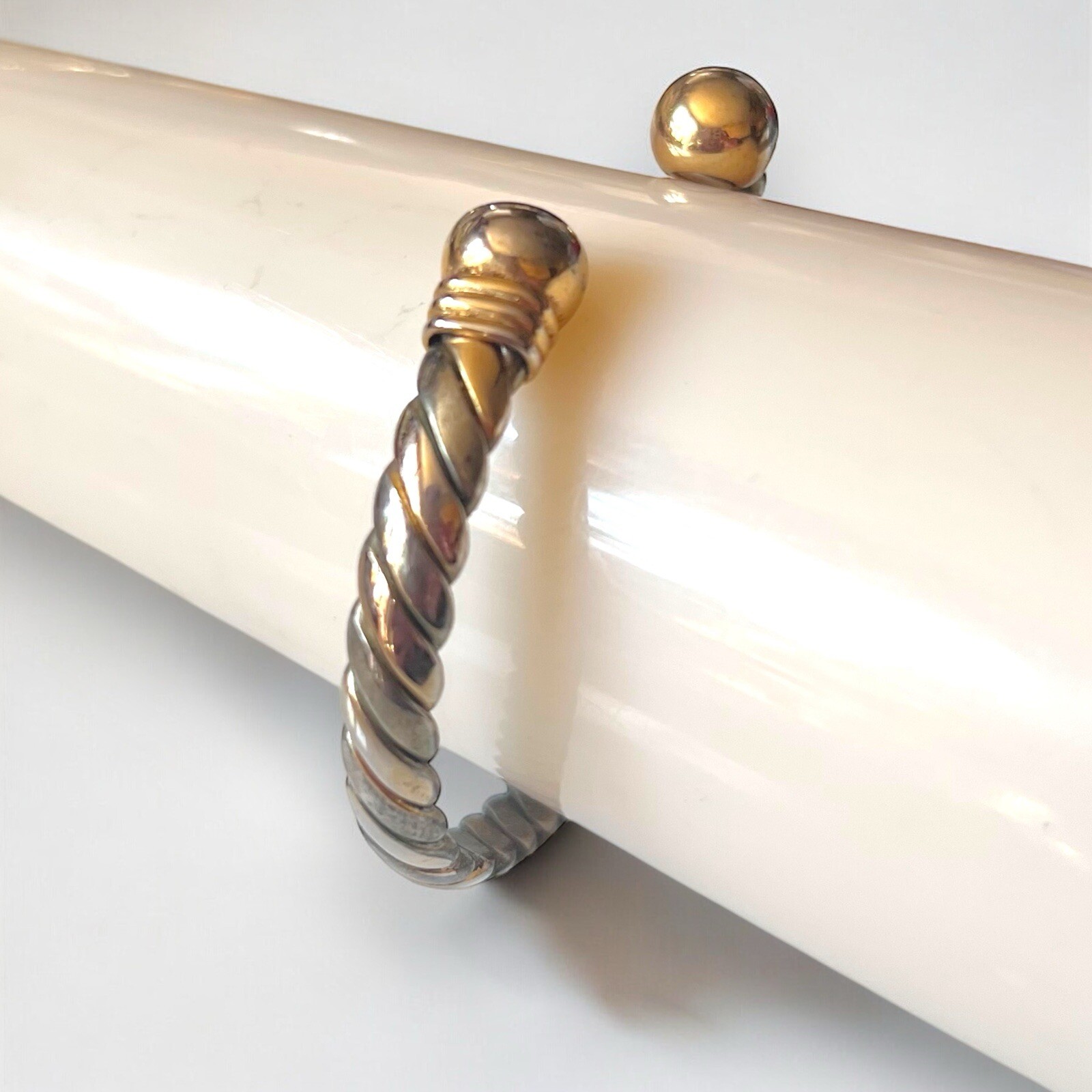 Mixed Metal Cuff Bracelet 7” Silver Gold Tone Flat Link Vintage 1980s Jewelry