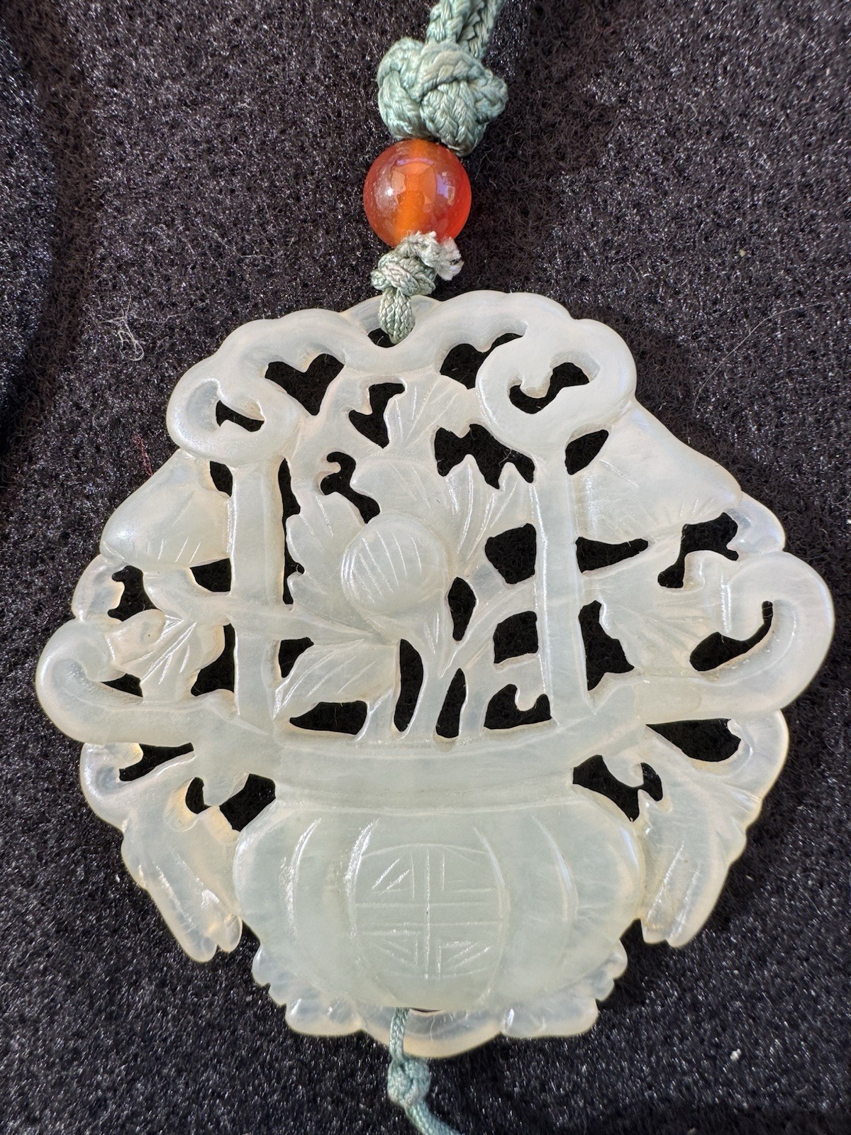 Vintage Carved Jade Flower Pot Necklace Bowenite