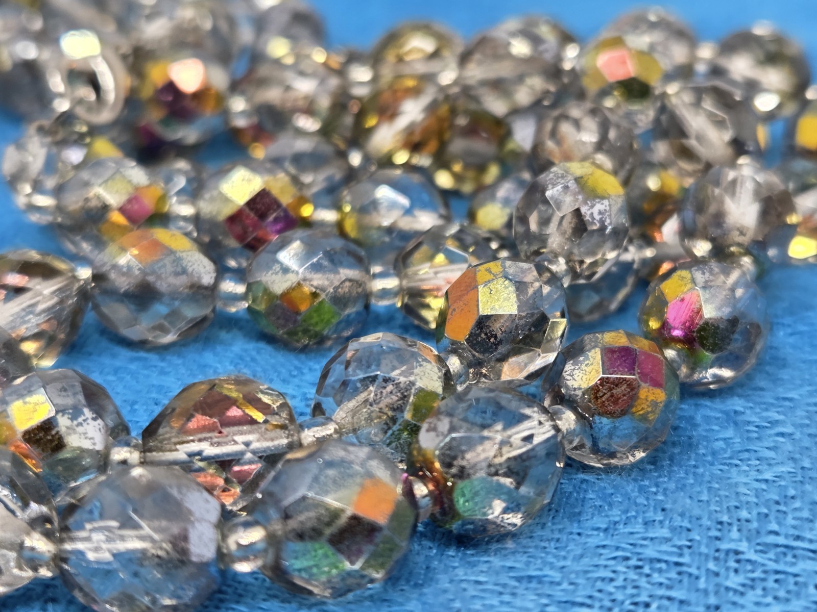 Mirrored AB Aurora Borealis Faceted Glass Necklace Vintage 36 Inches