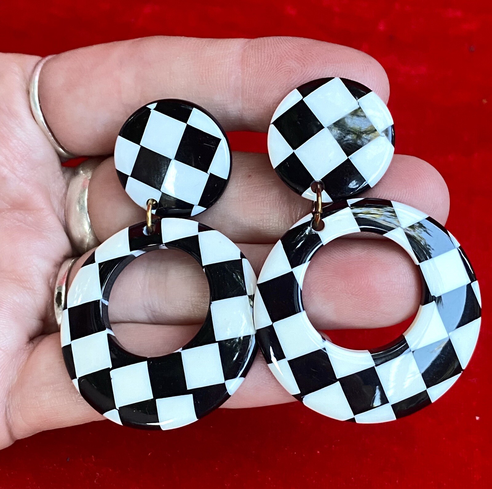 Vintage 80’s does 60’s Checkerboard Earrings pierced Hoop Ska MOD Punk Alt Goth
