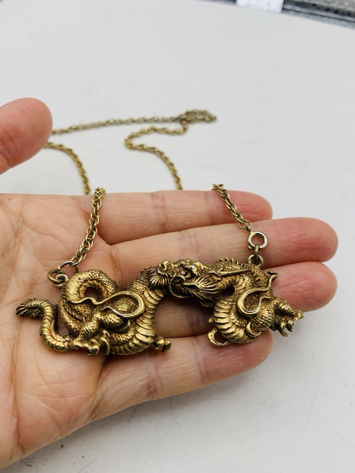 Vintage Alva Museum Replica Gold Tone Menuki Asian Japanese Dragon 18” Necklace