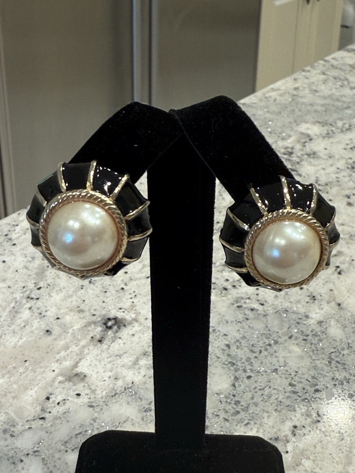Vintage Gay Boyer Signed Black Enamel Faux Pearl Clip On Earrings Art Deco