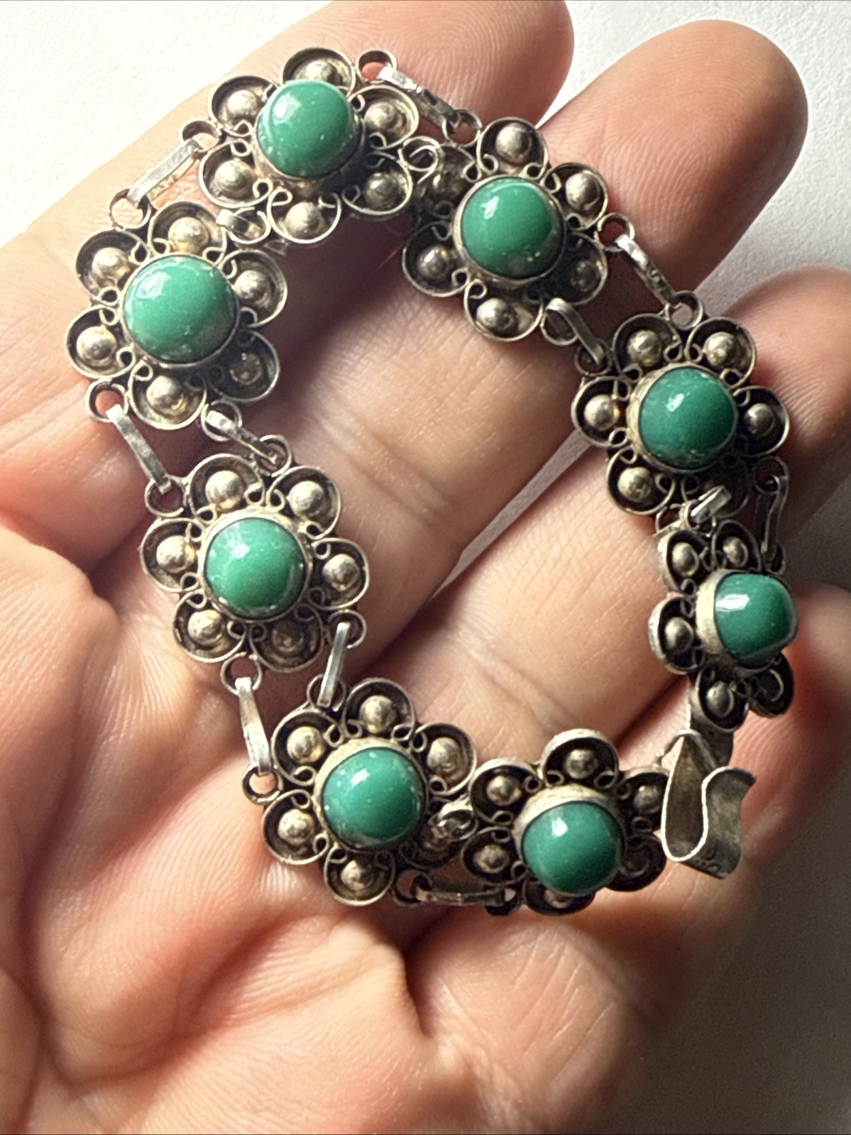 bracelet Taxco Mexico 980 Silver Better Than 925 Sterling Green Onyx Vintage 7.5