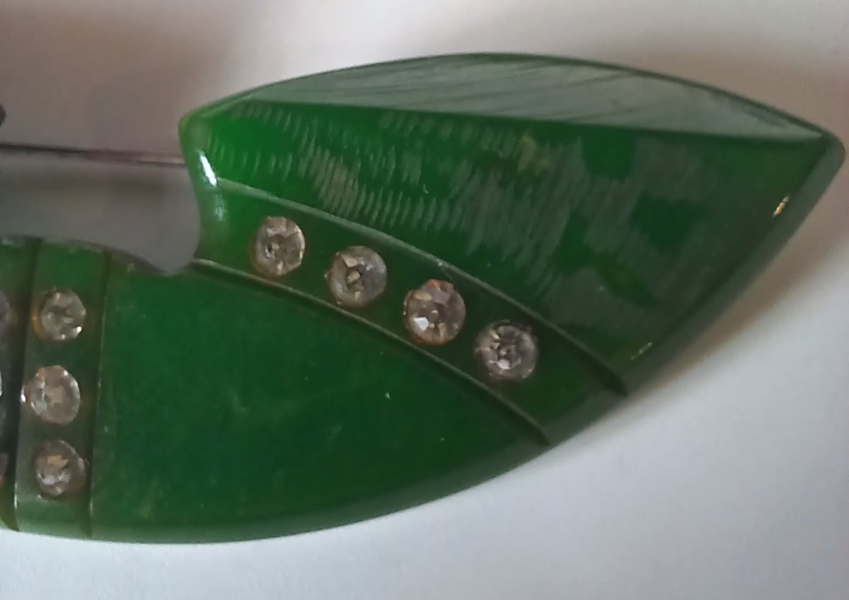 Vintage Art Deco Dark Green Bakelite Brooch w/ White Rhinestone Lines