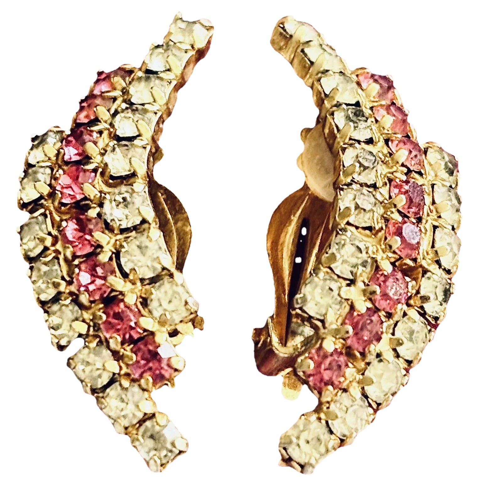 Rare La Roco Vintage Earrings Signature Pink White Rhinestones Gold Tone Clips