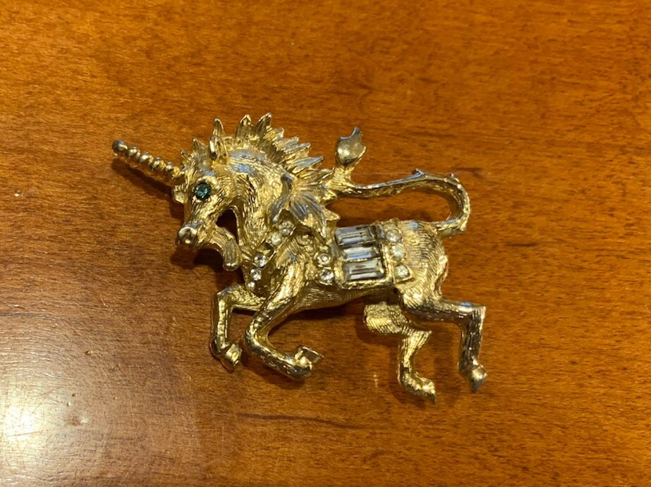 Vintage Unicorn Brooch Pin with Blue Eye and Baguette Saddle, Signed AC88