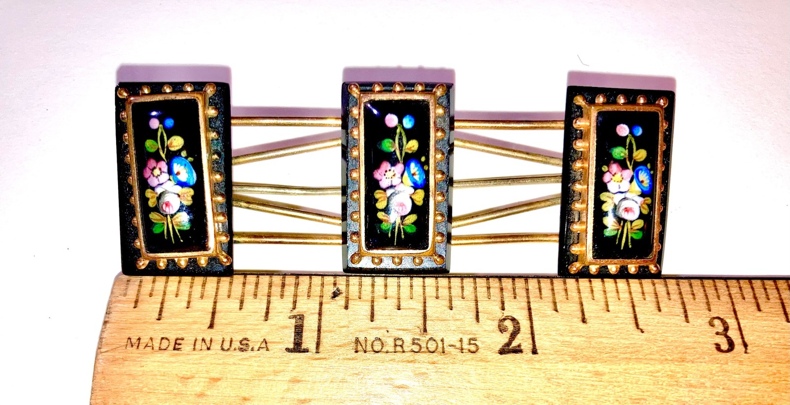 Victorian Hand Painted Onyx Rose Lily Gold Floral Large Brooch Pin