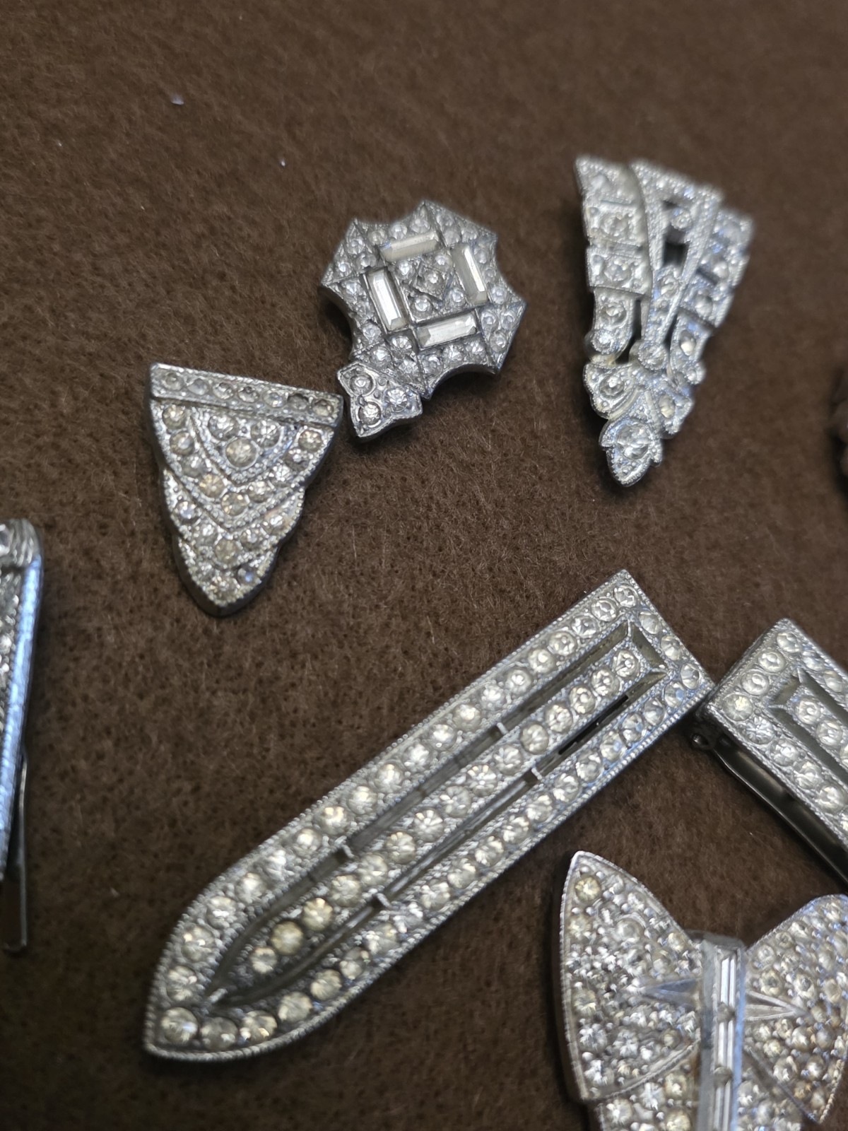 Vintage Art Deco Dress Clip Set (9) Rhinestone 30s Geometric Silver Tone