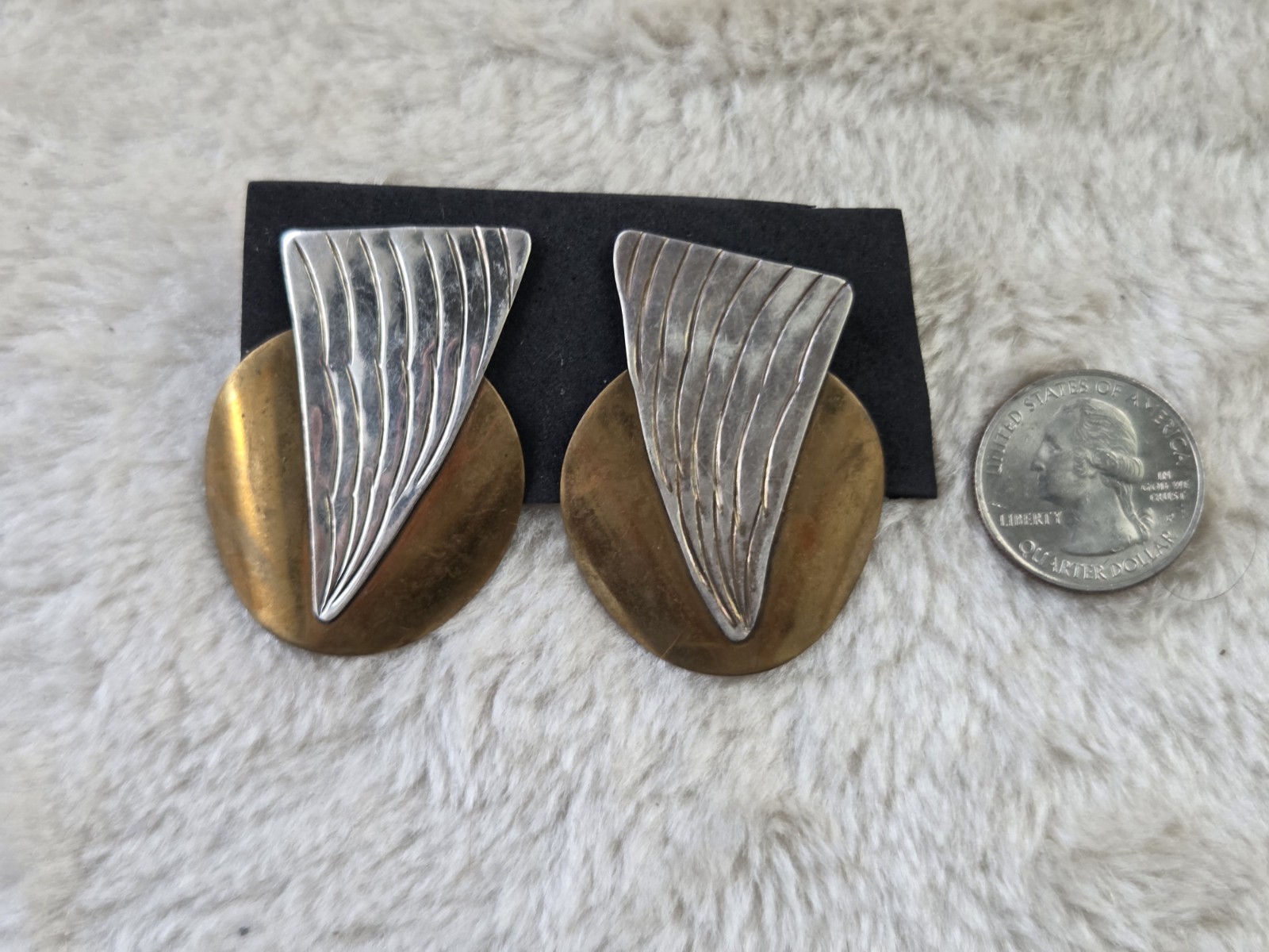 🖤Vintage Modernist Sterling Silver Brass Mixed Metal Abstract Gallery Earrings