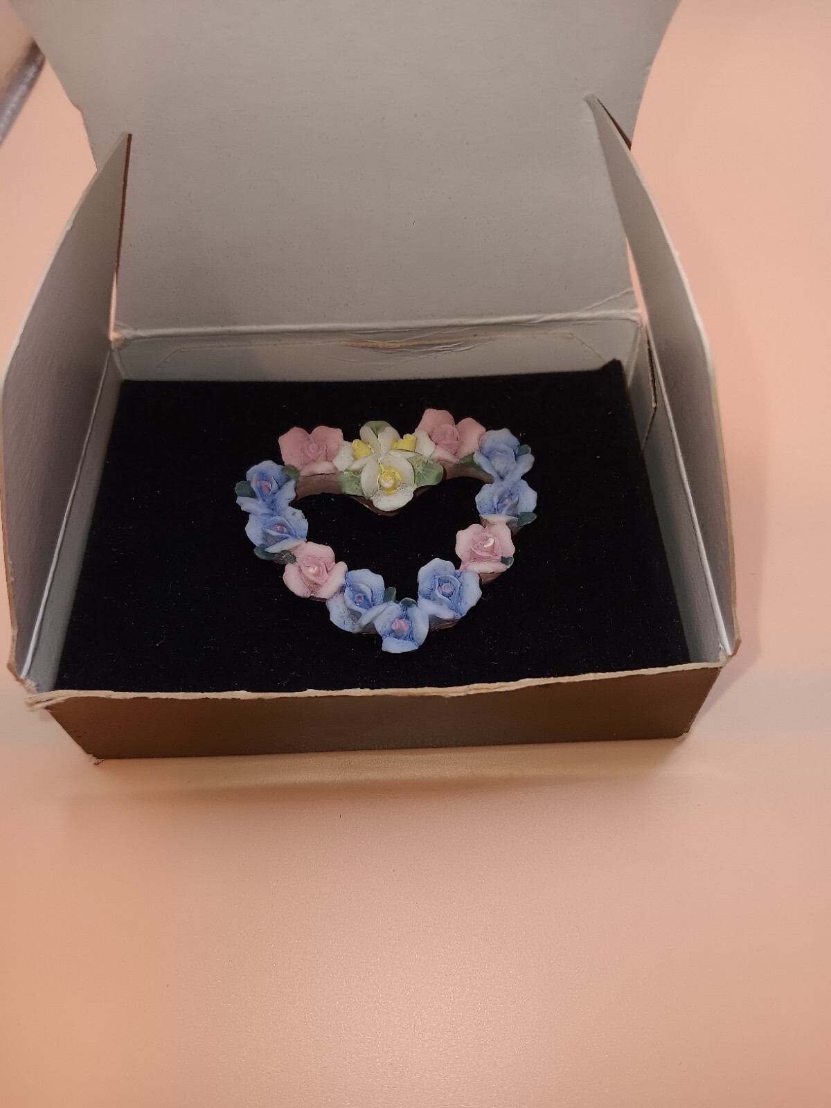 Avon Hearts and Flowers Vintage Pin Blue Pink Yellow