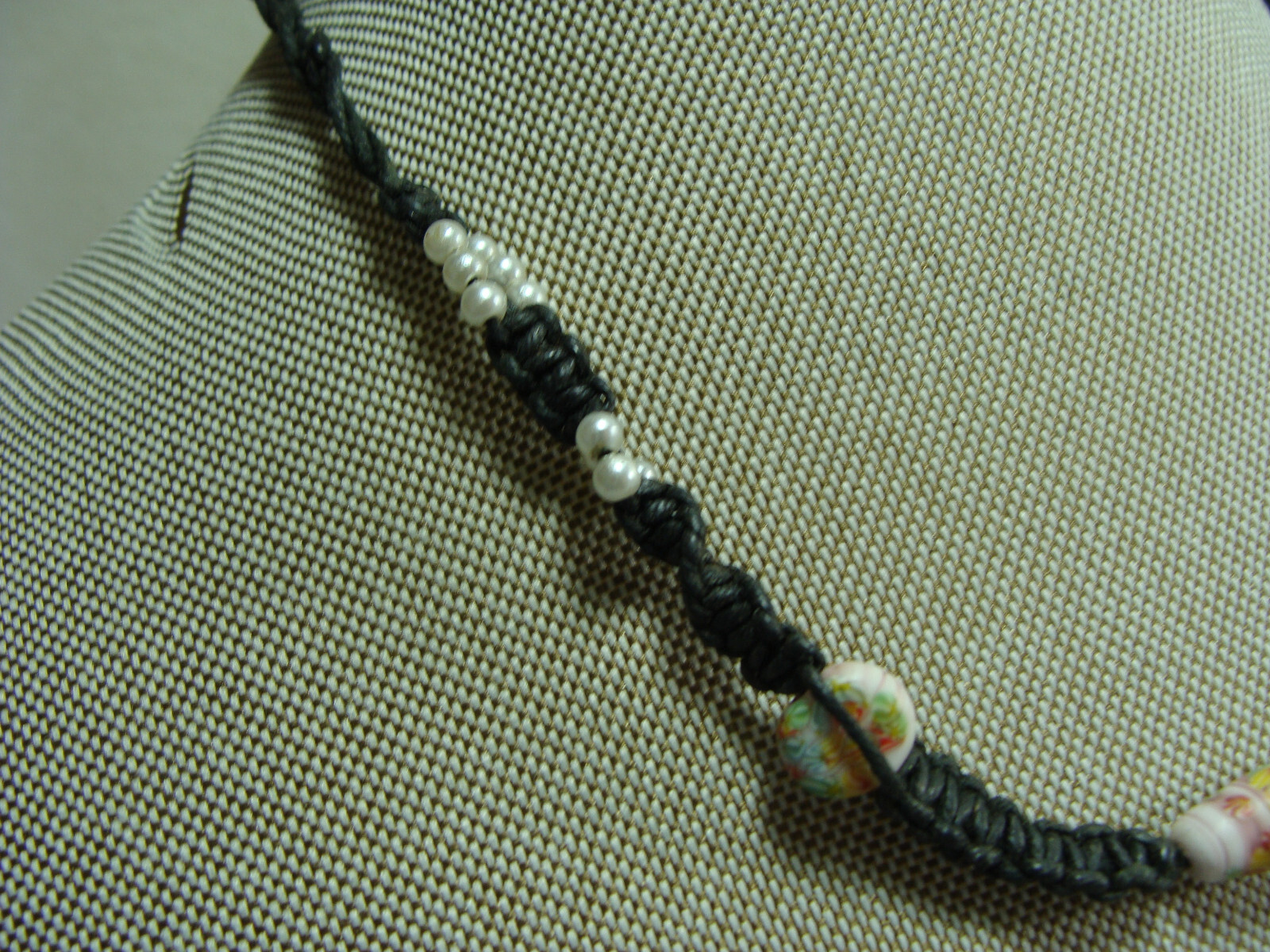Vtg Millefiori Glass Bead Faux Pearl Hemp Macrame Bohemian Hippy Choker Necklace