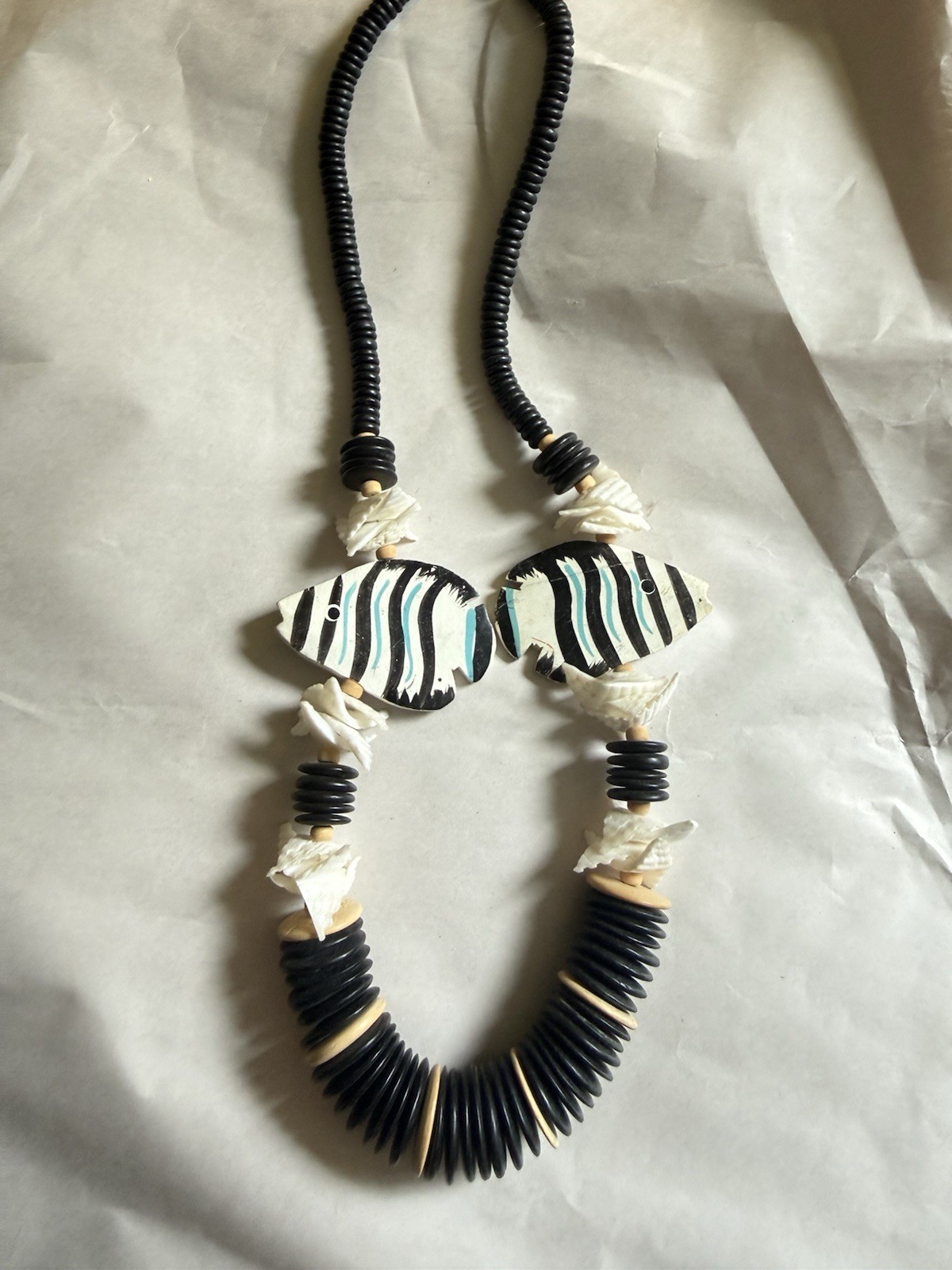 Vintage Wood Bead Tropical Fish Necklace Multi Strand & Color Hand Carved Paint