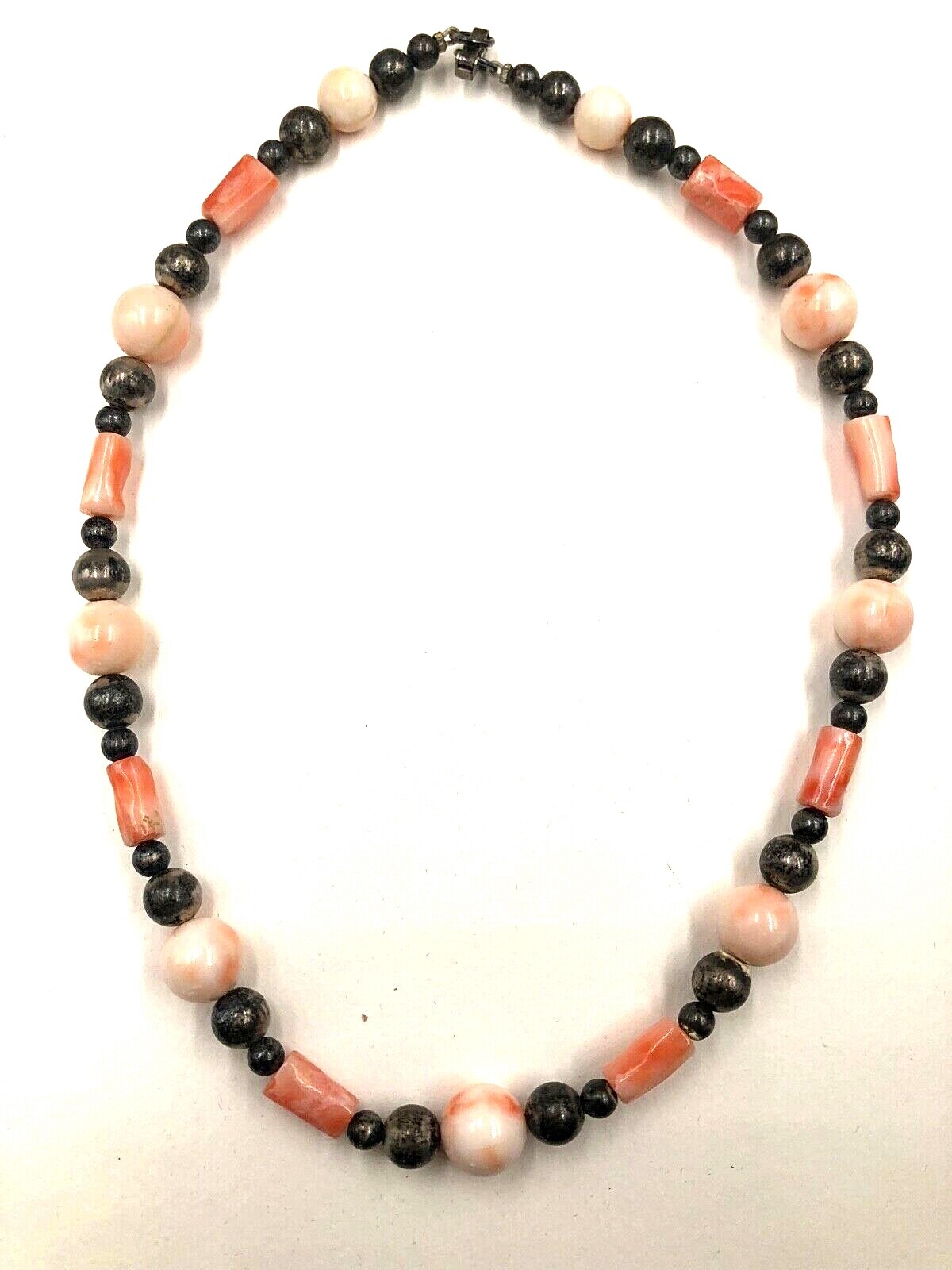 VINTAGE ANTIQUE GENUINE NATURAL SALMON CORAL STERLING SILVER SIGNED NECKLACE