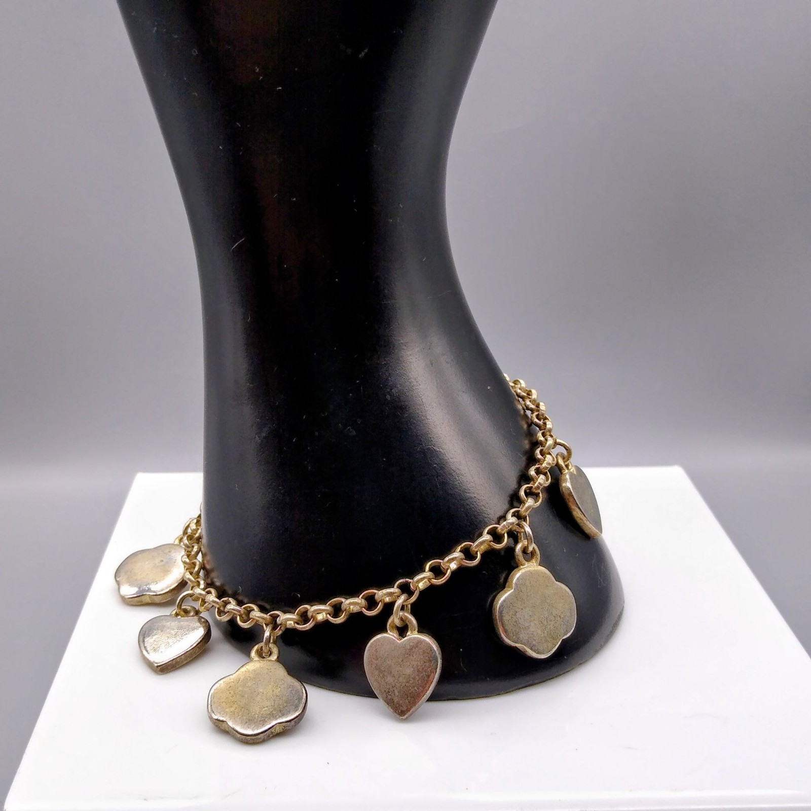 Vintage Hearts and Flowers Charm Bracelet, Silver Tone Dangle Bangle is Whimsica