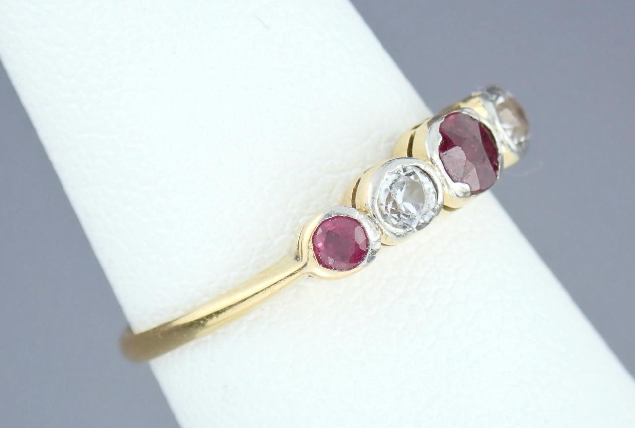 Lovely Antique Art Deco 18K Gold Platinum Ruby White Sapphire Five Stone Ring 5
