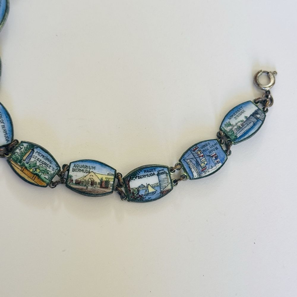 Bermuda Charm Panel Link Bracelet VTG souvenir Buildings Souvenier Enamel 7.5″
