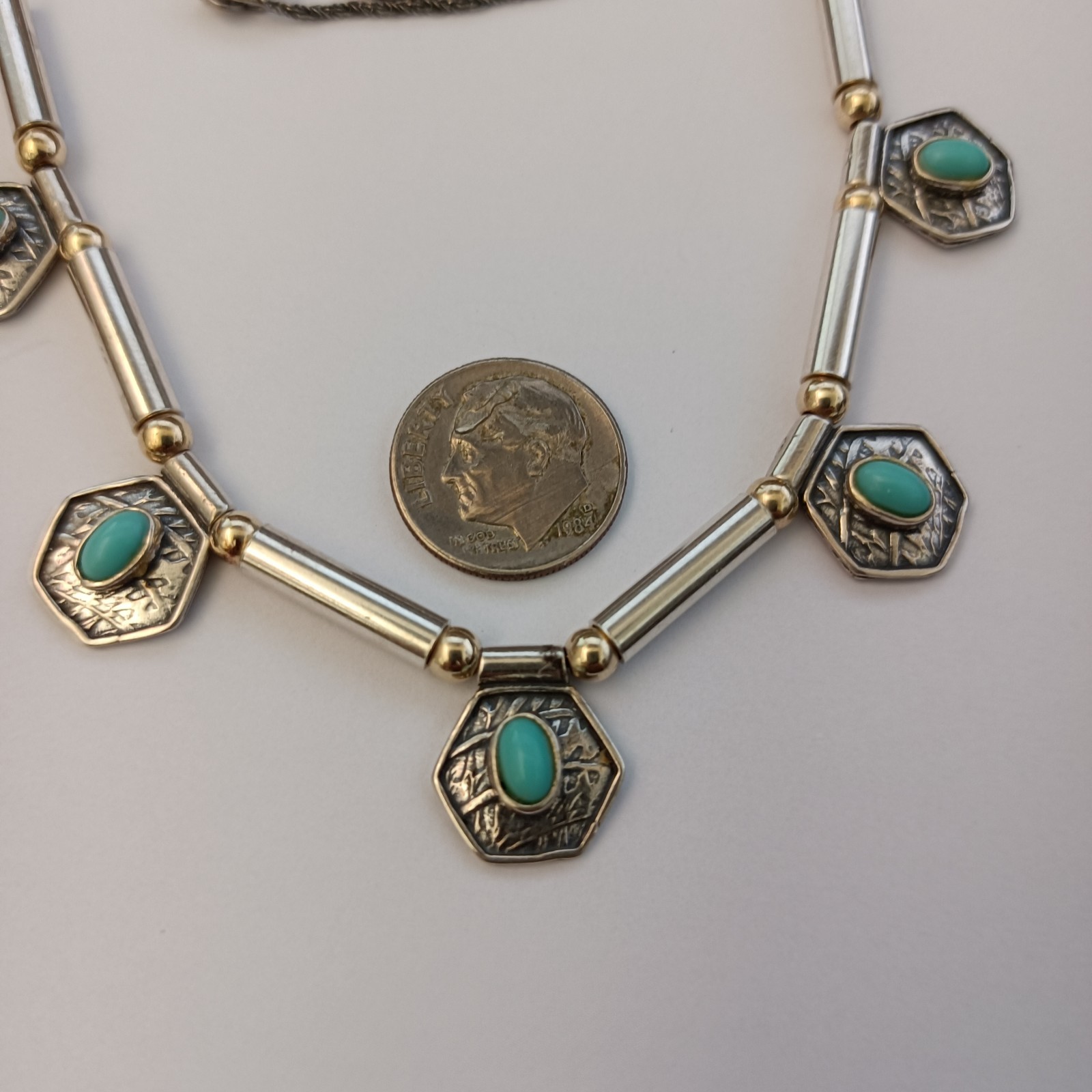 Vintage Artisan Necklace Sterling Silver 10k Gold Bead Geometric Drops Turquoise