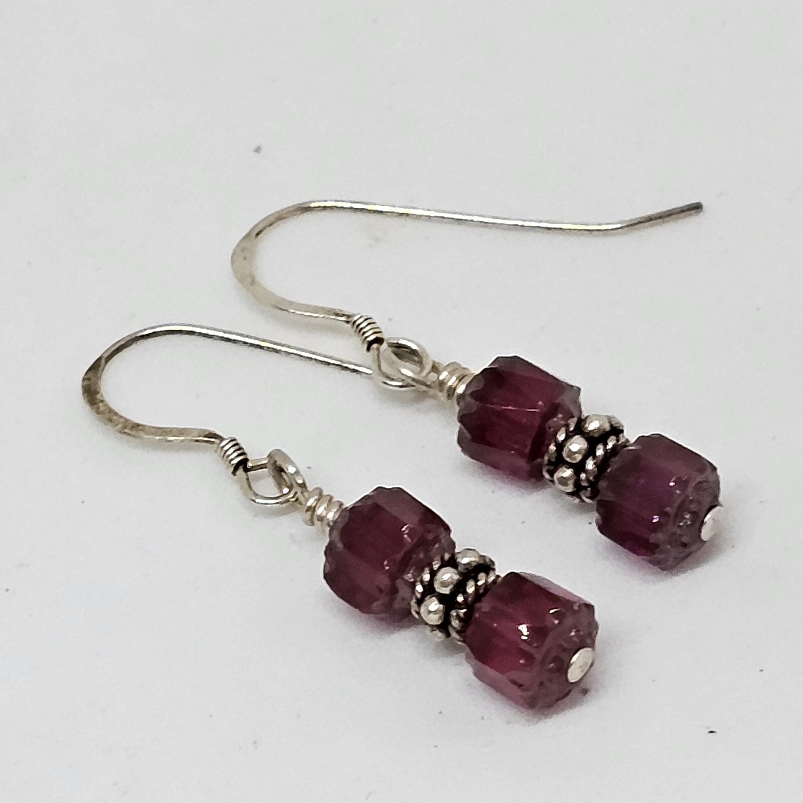 925 Sterling Silver – Fuchsia Red Glass Crystal Bead Drop Dangle Earrings