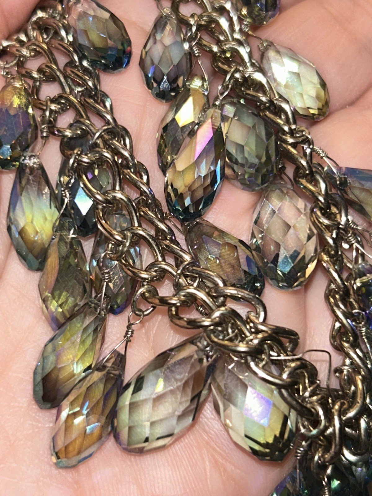 Vintage AB Crystal Teardrop Fringe Necklace Iridescent Glass Statement Bib 26”