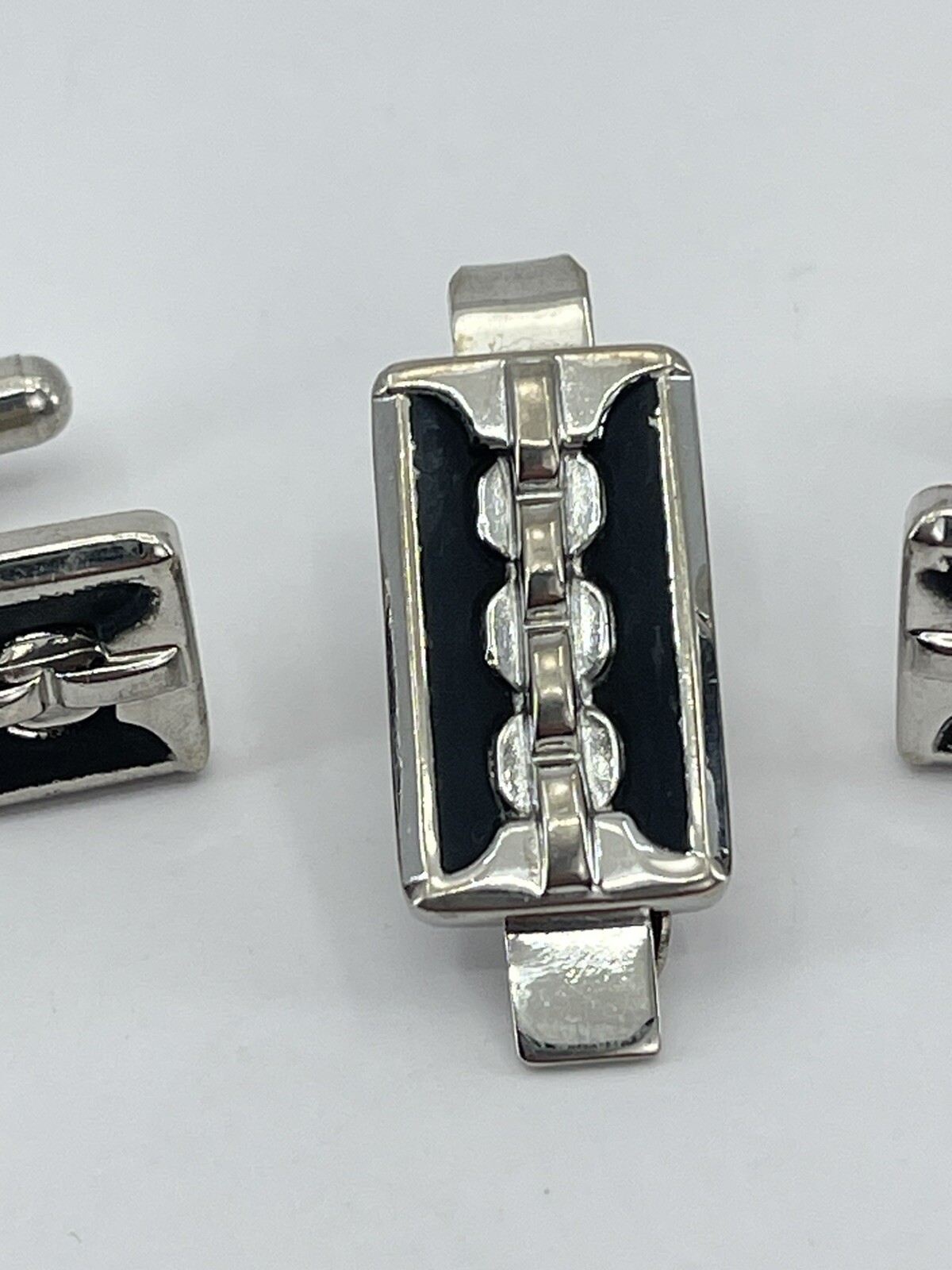 vintage silver tone cufflinks and tie clip set zipper like with black enamel