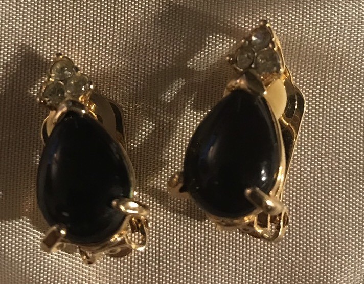 Lindenwold Pear Shape Black Onyx & Swarovski Crystal Clip-on Earrings 14k HGE