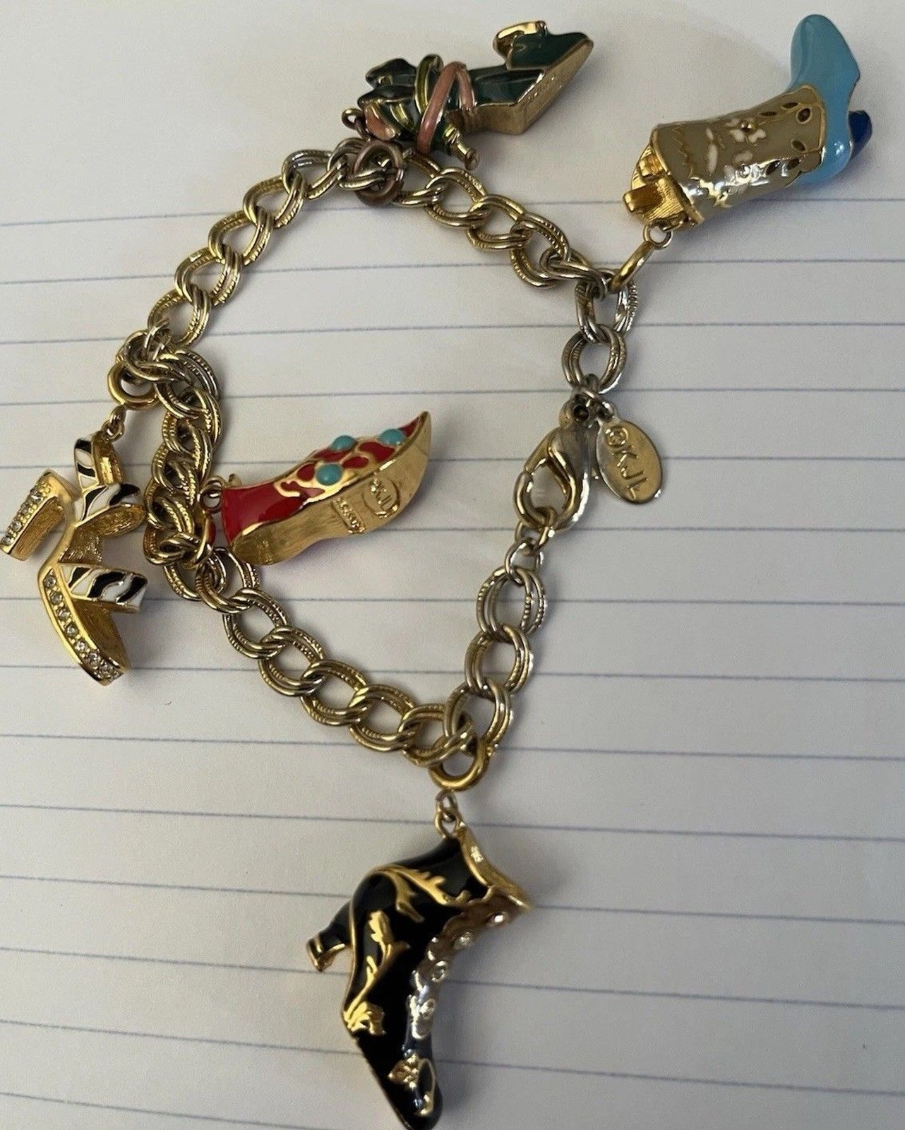 KJL Kenneth Jay Lane Vintage 5 Shoes Charm Gold Tone Bracelet 7 1/4 Inches Rare