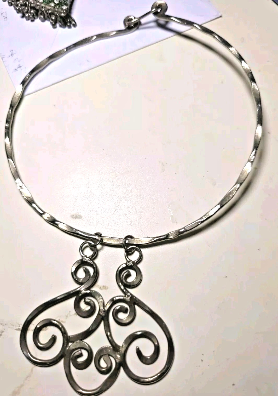 Grecian Etruscan Silverplated Circle Scrolls 1970s Handmade Collar Bib Necklace