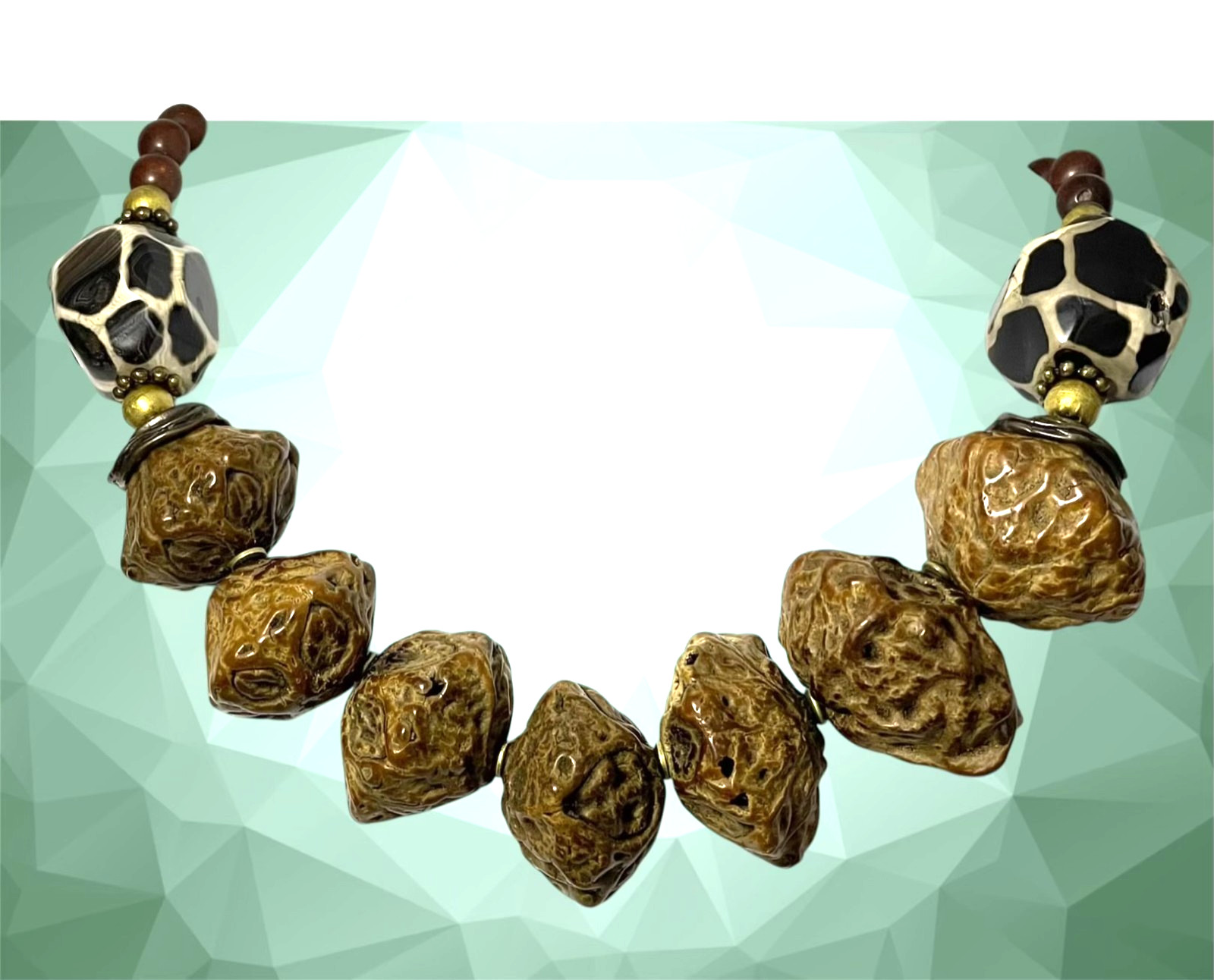 Paldao Dracontomelon Seeds & Honeycomb Agate Necklace Wire Clasp Artisan Vintage