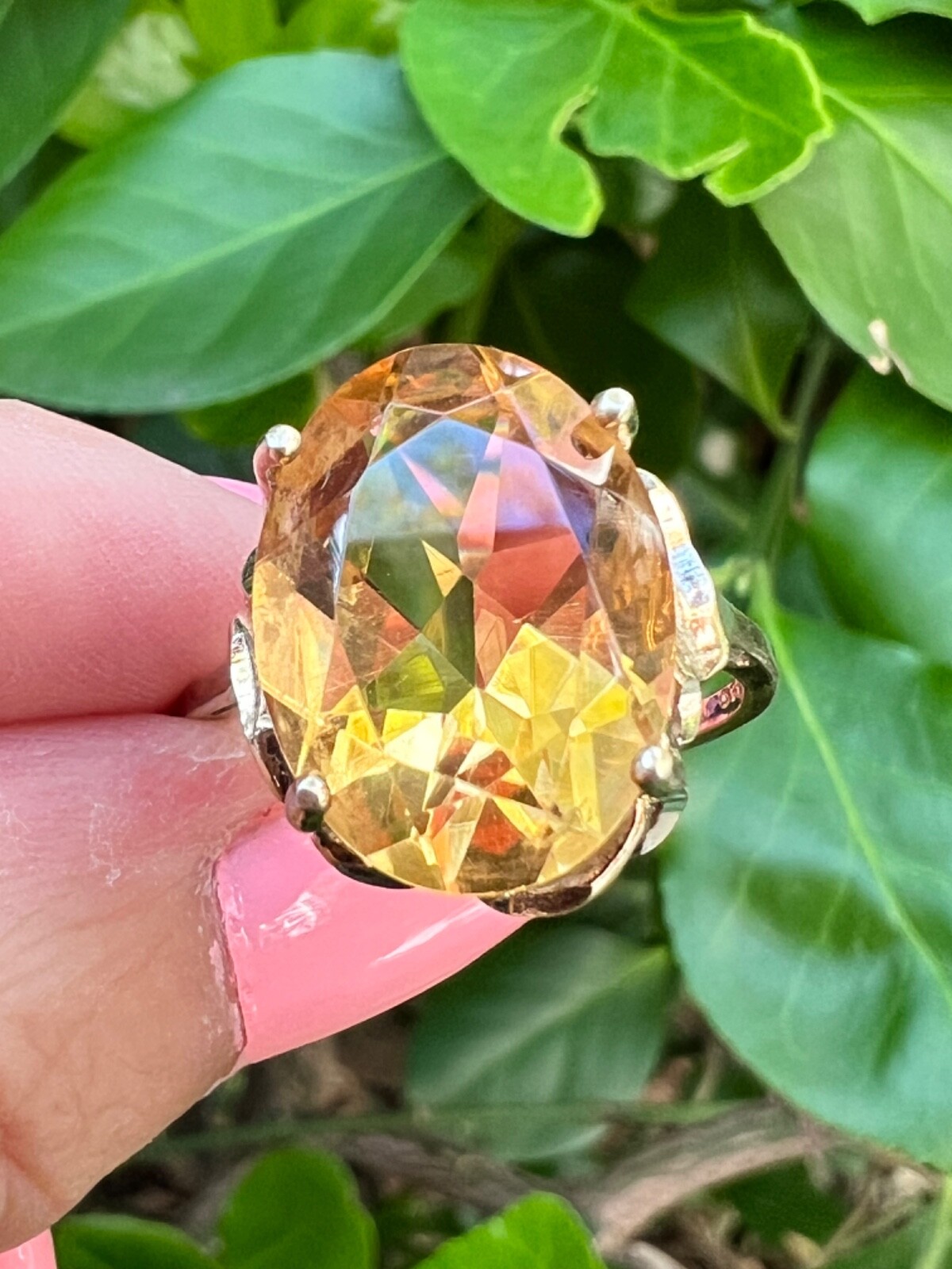 VINTAGE LARGE OVAL HONEY GOLDEN CITRINE STATEMENT RING GILDED 925 STERLING SLVER