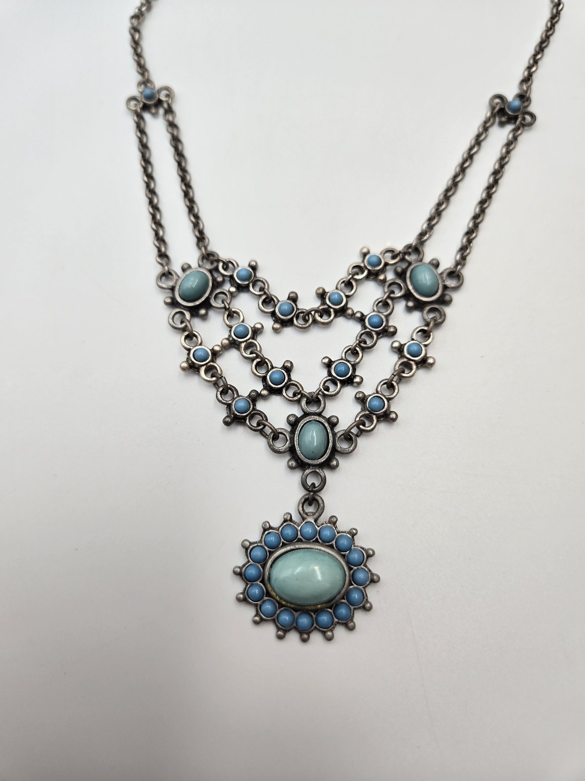 Vintage NR Silver Tone Faux Turquoise Bib Festoon Pendant Necklace festival boho